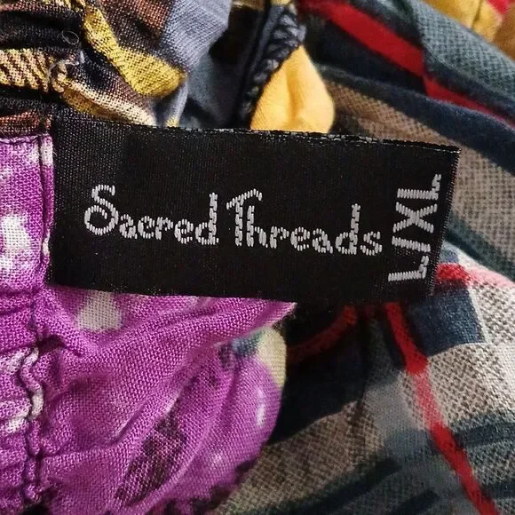 Sacred Threads patchwork boho hippie  wide bell sleeve blouse  Sz L/XL - Picture 8 of 8